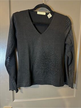Black V-Neck Sweater with Sheer Sleeves with rhinestones and rhinestone design